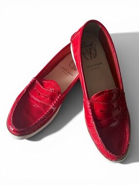 Cole Haan Pinch Main Classic Red Patent Leather Penny Loafers - Glossy Scarlet